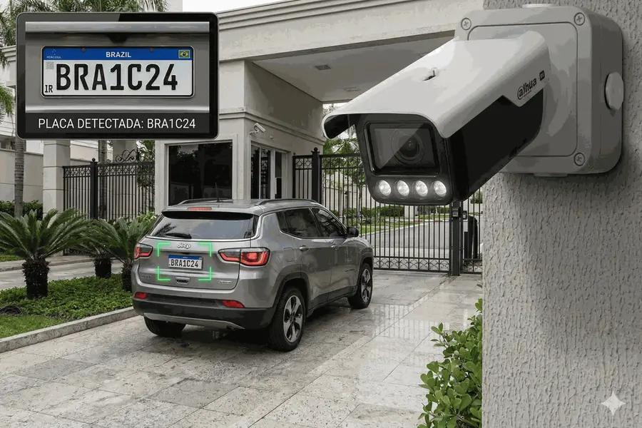 Câmera LPR lendo a placa na entrada de um condomínio