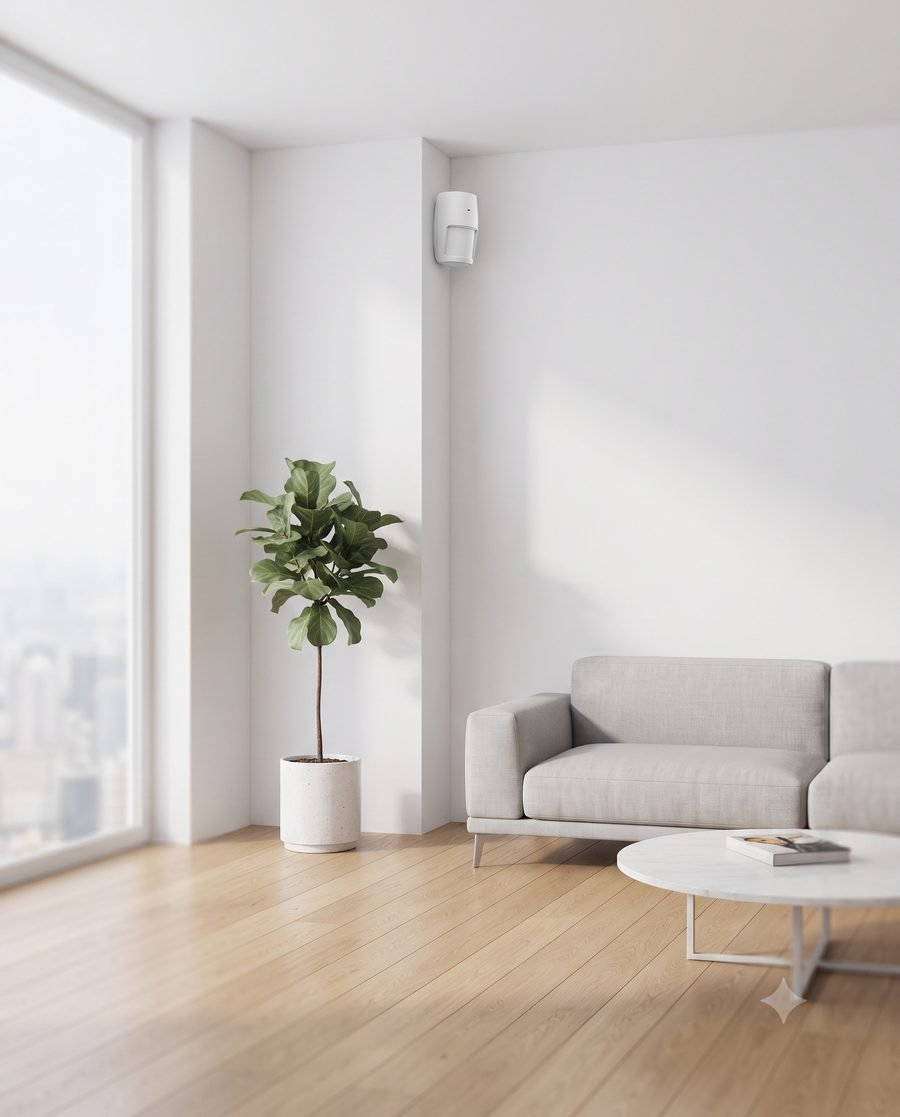 Sensor discreto instalado sem fio em ambiente residencial