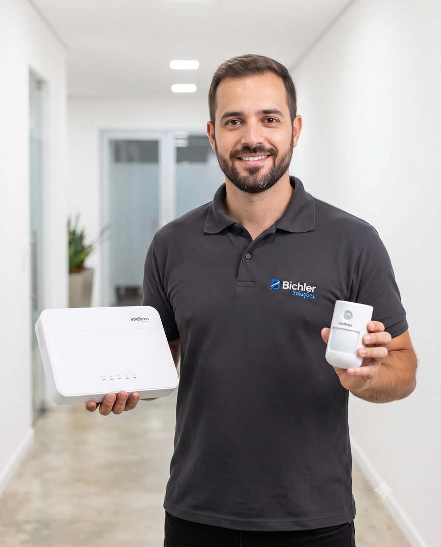Técnico da Bichler Soluções com os equipamentos Intelbras AMT 8000