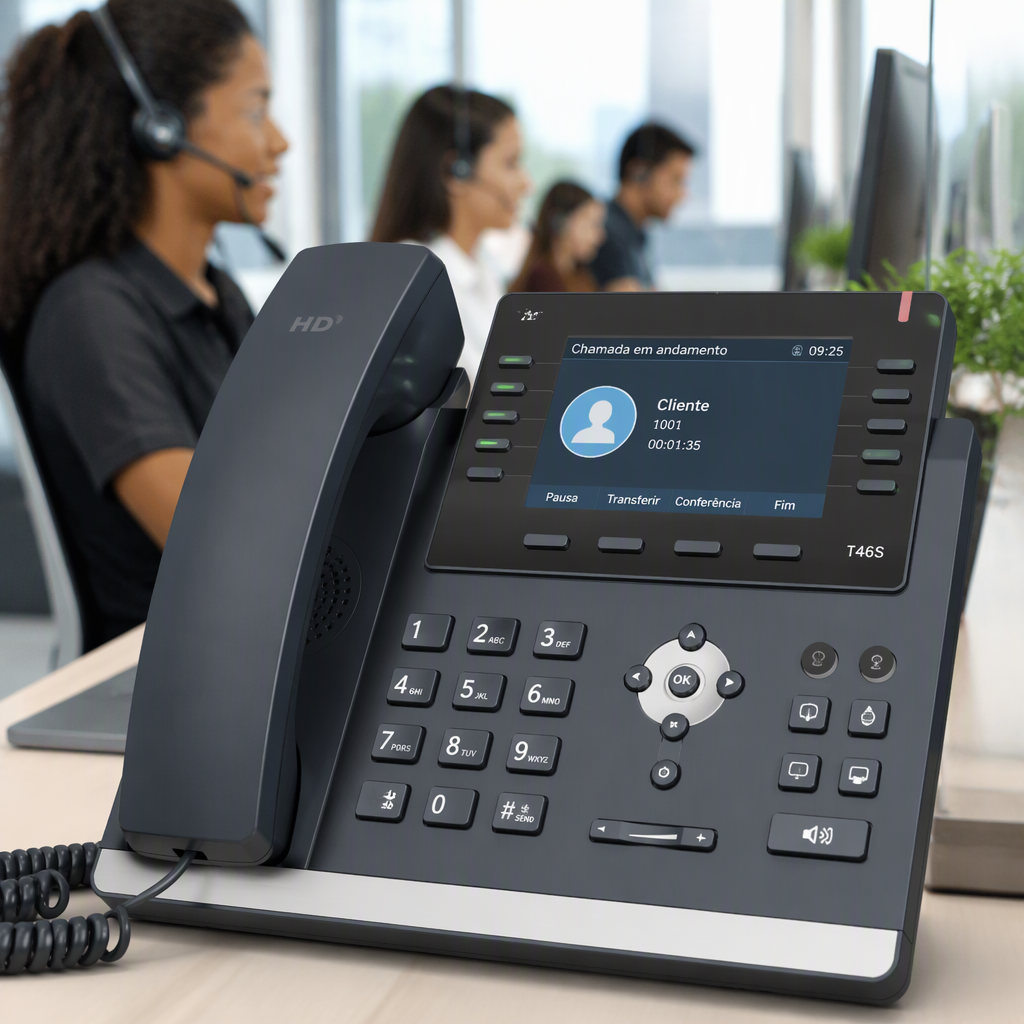 Telefone IP Yealink em opera&ccedil;&atilde;o em equipe de atendimento